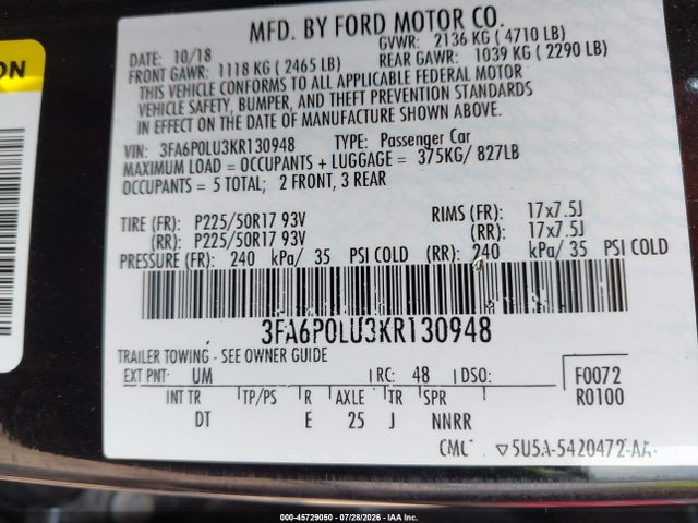 Продажа на аукционе авто 2019 Ford Fusion Hybrid Se, vin: 3FA6P0LU3KR130948, номер лота: 45729050