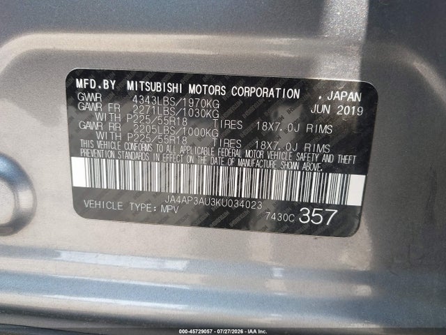 Aukcja sprzedaży 2019 Mitsubishi Outlander Sport 2.0 Es, vin: JA4AP3AU3KU034023, numer aukcji: 45729057