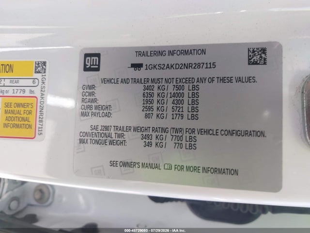 2022 Gmc Yukon 4wd Sle მანქანა იყიდება აუქციონზე, vin: 1GKS2AKD2NR287115, აუქციონის ნომერი: 45729093