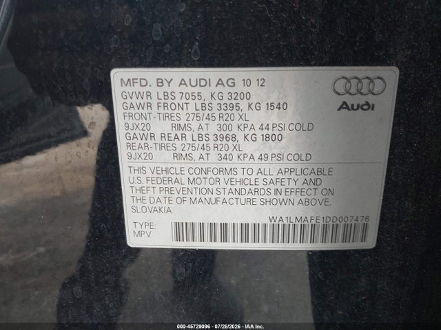 Aukcja sprzedaży 2013 Audi Q7 3.0 Tdi Premium, vin: WA1LMAFE1DD007476, numer aukcji: 45729096