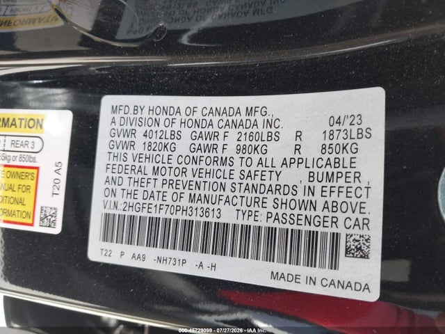 Honda Civic Ex/ex W/o Bsi 2023 2HGFE1F70PH313613 Image 9
