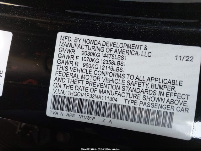 45729103 :رقم المزاد ، 1HGCV1F32NA111304 vin ، 2022 Honda Accord Sport مزاد بيع