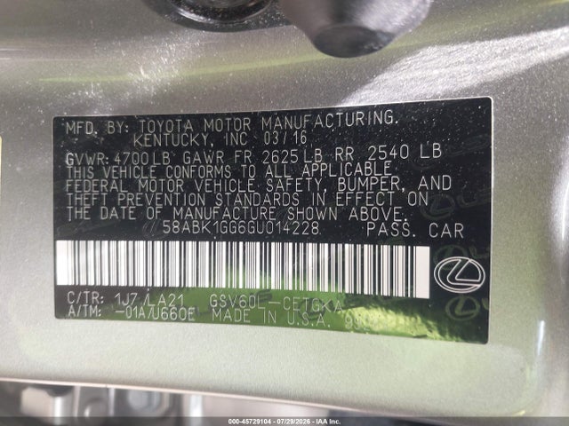 Aukcja sprzedaży 2016 Lexus Es 350, vin: 58ABK1GG6GU014228, numer aukcji: 45729104