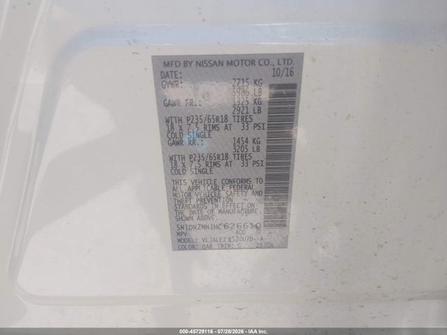 5N1DR2MN1HC626610 Nissan Pathfinder Platinum/s/sl/sv