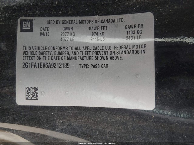 45729124 :رقم المزاد ، 2G1FA1EV6A9212189 vin ، 2010 Chevrolet Camaro 1ls مزاد بيع