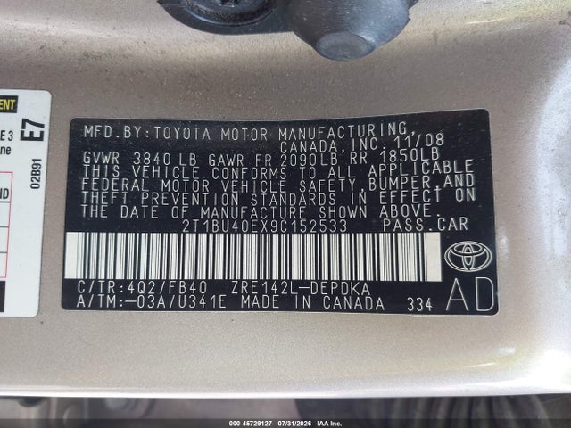Aukcja sprzedaży 2009 Toyota Corolla Le, vin: 2T1BU40EX9C152533, numer aukcji: 45729127