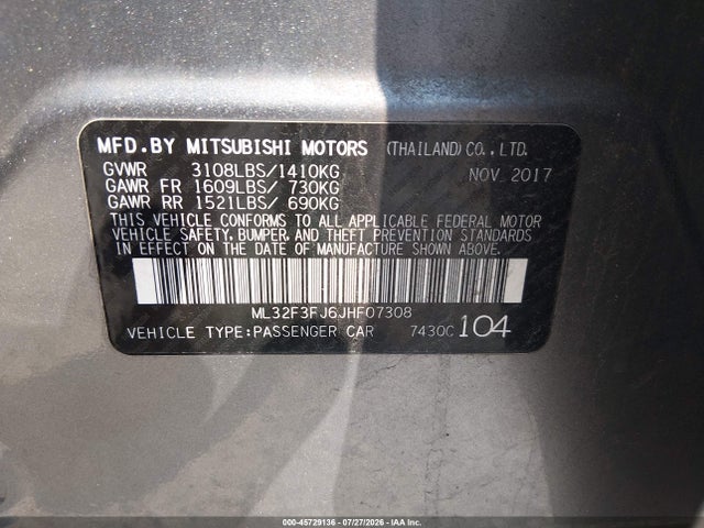 Продажа на аукционе авто 2018 Mitsubishi Mirage G4 Es, vin: ML32F3FJ6JHF07308, номер лота: 45729136