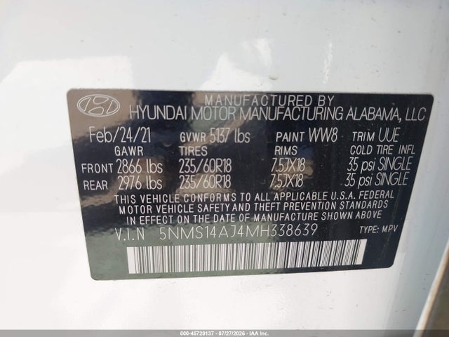 2021 Hyundai Santa Fe Se მანქანა იყიდება აუქციონზე, vin: 5NMS14AJ4MH338639, აუქციონის ნომერი: 45729137