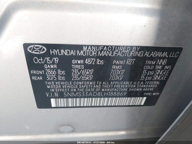 2020 Hyundai Santa Fe Sel მანქანა იყიდება აუქციონზე, vin: 5NMS33AD8LH188869, აუქციონის ნომერი: 45729141