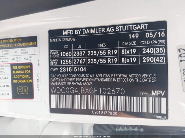 Продажа на аукционе авто 2016 Mercedes-benz Glc 300, vin: WDC0G4JBXGF102670, номер лота: 45729161