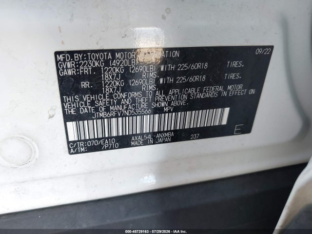 JTMB6RFV7ND535566 Toyota Rav4 Hybrid Xle Premium