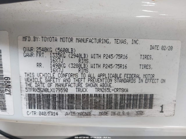 45729168 :رقم المزاد ، 5TFRX5GN0LX179590 vin ، 2020 Toyota Tacoma Sr مزاد بيع