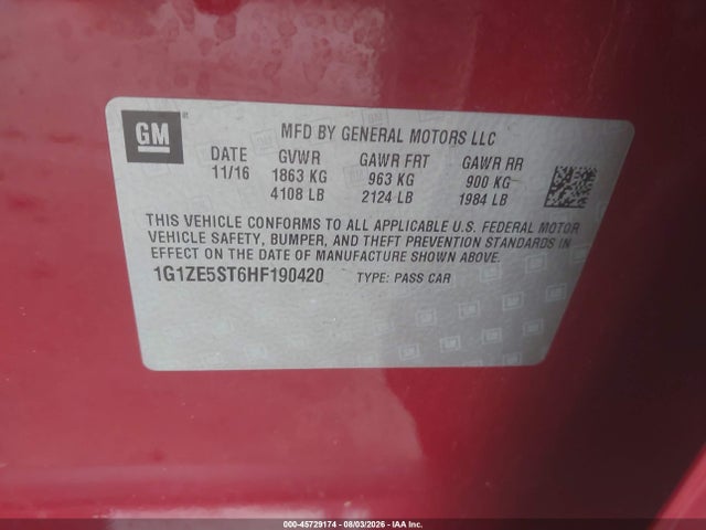 2017 Chevrolet Malibu 1lt მანქანა იყიდება აუქციონზე, vin: 1G1ZE5ST6HF190420, აუქციონის ნომერი: 45729174