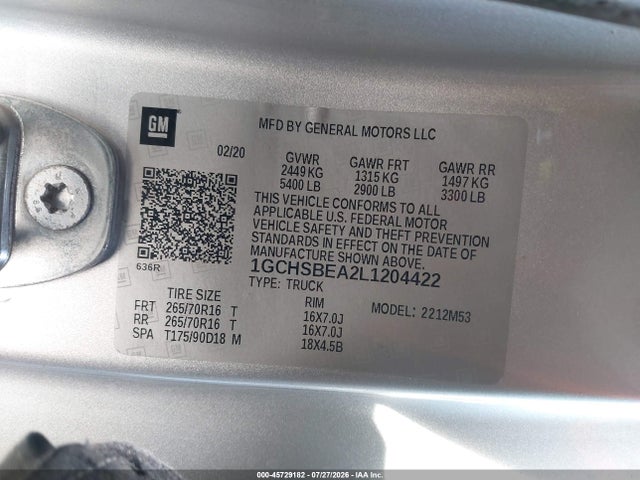 Продажа на аукционе авто 2020 Chevrolet Colorado 2wd  Long Box Wt, vin: 1GCHSBEA2L1204422, номер лота: 45729182