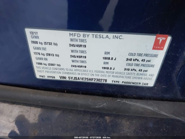 Продаж на аукціоні авто 2017 Tesla Model S 100d/60d/75d/90d/p100d, vin: 5YJSA1E25HF230278, номер лоту: 45729188