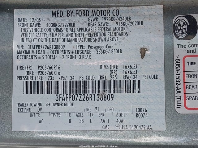 Продажа на аукционе авто 2006 Ford Fusion Se, vin: 3FAFP07Z26R138809, номер лота: 45729196