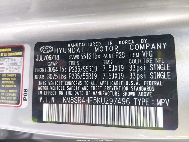 45729205 :رقم المزاد ، KM8SR4HF5KU297496 vin ، 2019 Hyundai Santa Fe Xl Limited Ultimate مزاد بيع