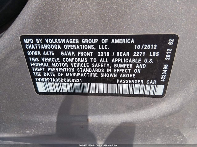 Aukcja sprzedaży 2013 Volkswagen Passat 2.5l Se, vin: 1VWBP7A35DC050321, numer aukcji: 45729208