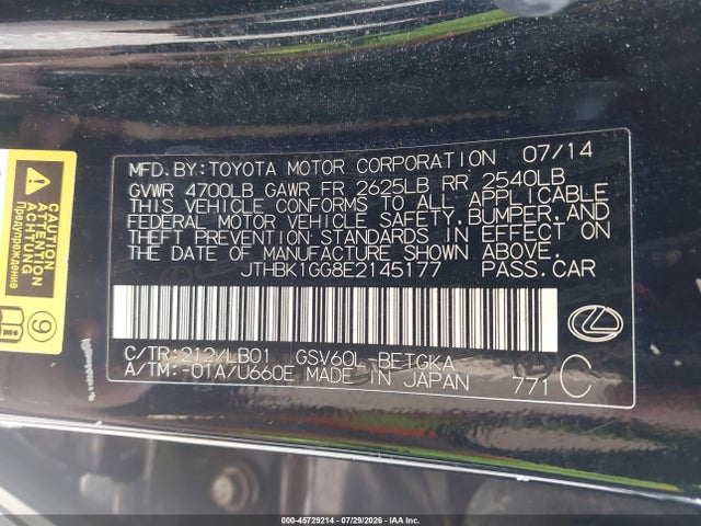 Продаж на аукціоні авто 2014 Lexus Es 350, vin: JTHBK1GG8E2145177, номер лоту: 45729214