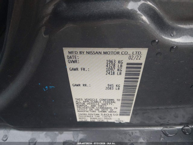 45729234 :رقم المزاد ، 1N4BL4DV1NN340450 vin ، 2022 Nissan Altima Sv Fwd مزاد بيع