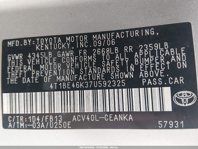 2007 Toyota Camry Le მანქანა იყიდება აუქციონზე, vin: 4T1BE46K37U592325, აუქციონის ნომერი: 45729242