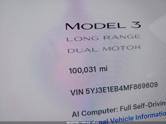 45729251 :رقم المزاد ، 5YJ3E1EB4MF869609 vin ، 2021 Tesla Model 3 Long Range Dual Motor All-wheel Drive مزاد بيع