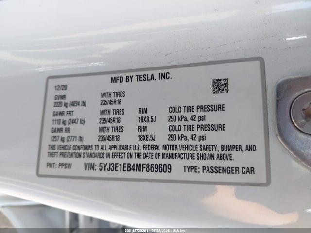 Tesla Model 3 Long Range Dual Motor All-wheel Drive 2021 5YJ3E1EB4MF869609 Image 9