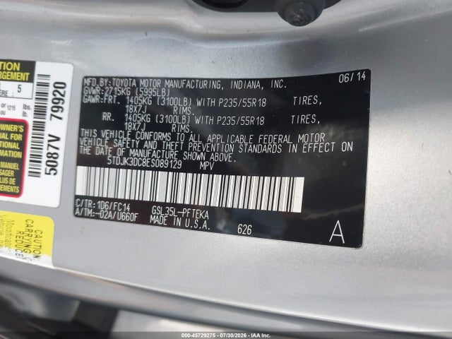 45729275 :رقم المزاد ، 5TDJK3DC8ES089129 vin ، 2014 Toyota Sienna Le 7 Passenger مزاد بيع