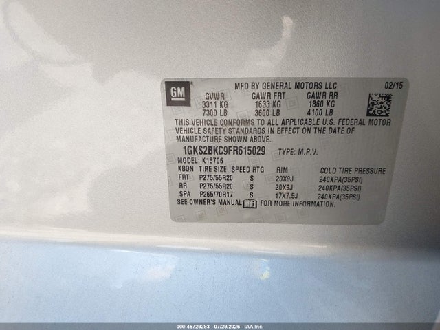 Продаж на аукціоні авто 2015 Gmc Yukon Slt, vin: 1GKS2BKC9FR615029, номер лоту: 45729283