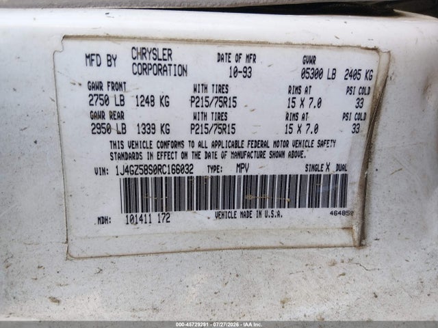 45729291 :رقم المزاد ، 1J4GZ58S0RC166032 vin ، 1994 Jeep Grand Cherokee Laredo مزاد بيع