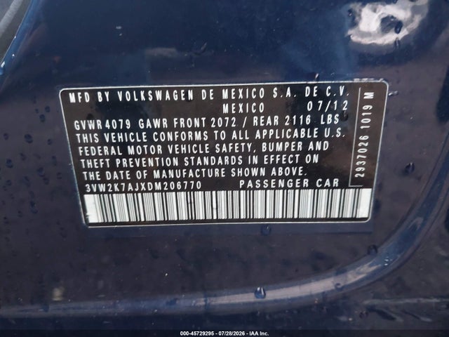 2013 Volkswagen Jetta 2.0l S მანქანა იყიდება აუქციონზე, vin: 3VW2K7AJXDM206770, აუქციონის ნომერი: 45729295