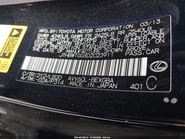 45729315 :رقم المزاد ، JTHBW1GGXD2023911 vin ، 2013 Lexus Es 300h مزاد بيع