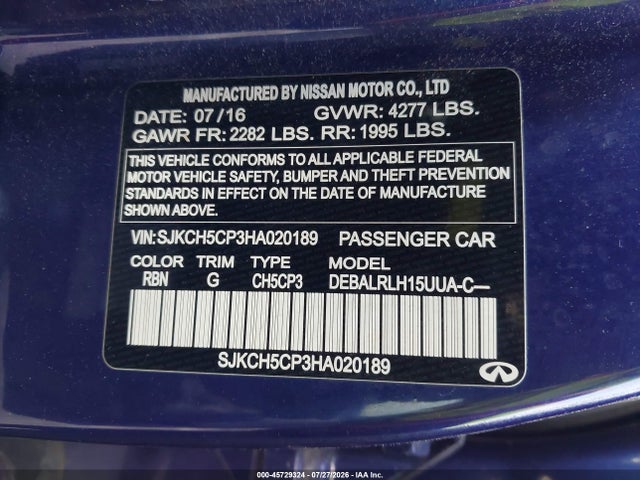 45729324 :رقم المزاد ، SJKCH5CP3HA020189 vin ، 2017 Infiniti Qx30 Premium مزاد بيع