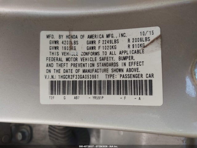 Honda ACCORD LX 2016 1HGCR2F33GA053961 Image 9