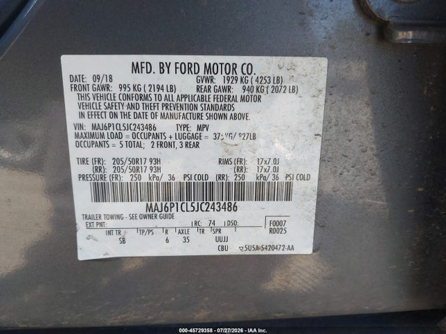 MAJ6P1CL5JC243486 Ford Ecosport Ses