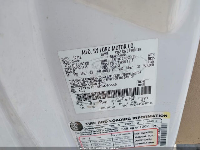 45729371 :رقم المزاد ، 1FTFW1ET4DKD86546 vin ، 2013 Ford F-150 Lariat مزاد بيع