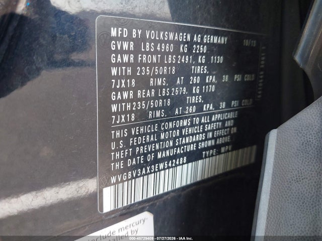 2014 Volkswagen Tiguan Sel მანქანა იყიდება აუქციონზე, vin: WVGBV3AX3EW542488, აუქციონის ნომერი: 45729409