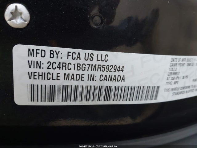 45729430 :رقم المزاد ، 2C4RC1BG7MR592944 vin ، 2021 Chrysler Pacifica Touring L مزاد بيع