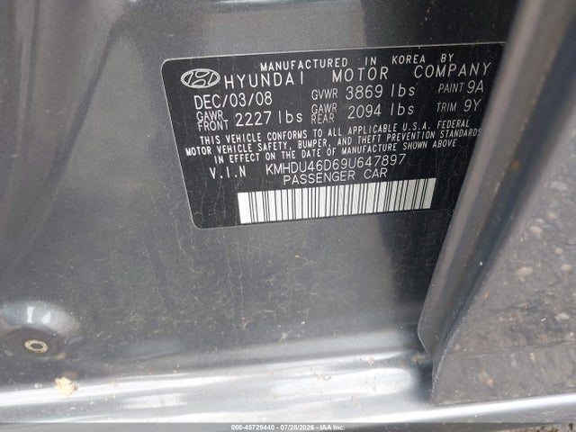 Продажа на аукционе авто 2009 Hyundai Elantra Gls, vin: KMHDU46D69U647897, номер лота: 45729440