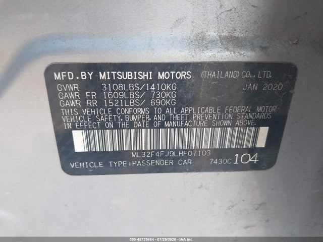 Продаж на аукціоні авто 2020 Mitsubishi Mirage G4 Le, vin: ML32F4FJ9LHF07103, номер лоту: 45729464