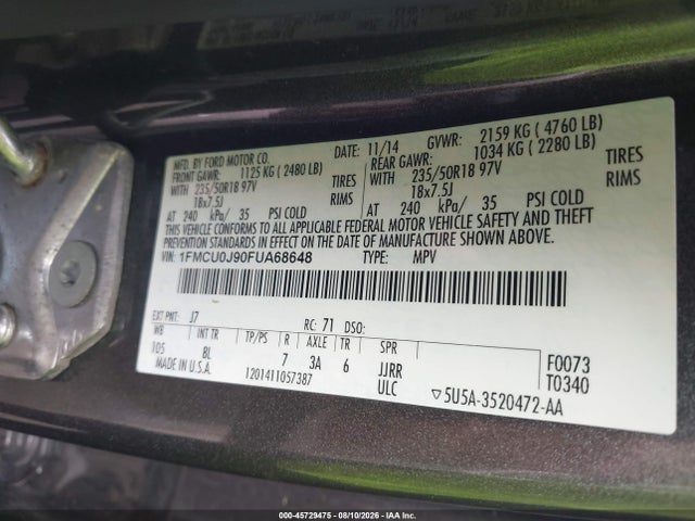 45729475 :رقم المزاد ، 1FMCU0J90FUA68648 vin ، 2015 Ford Escape Titanium مزاد بيع