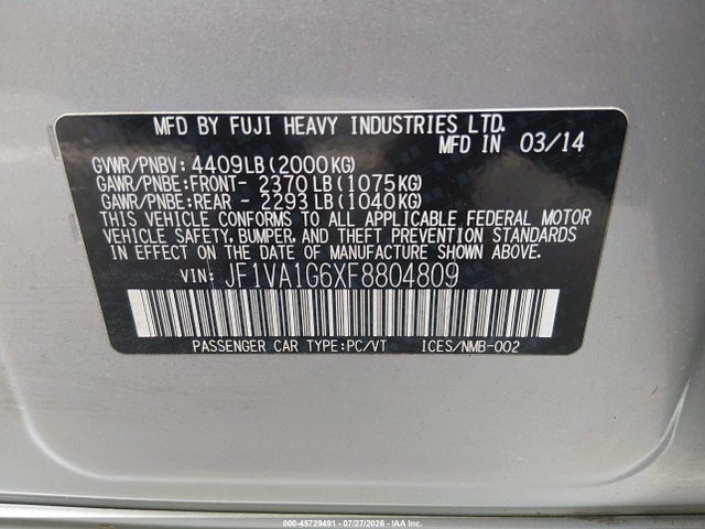 Продаж на аукціоні авто 2015 Subaru Wrx Limited, vin: JF1VA1G6XF8804809, номер лоту: 45729491