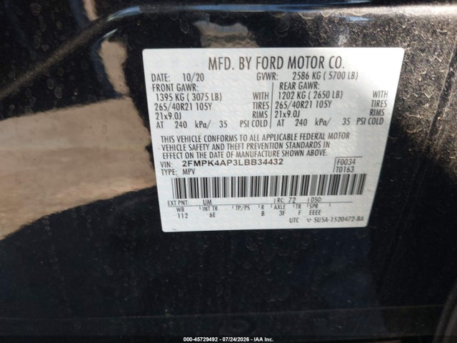 2020 Ford Edge St მანქანა იყიდება აუქციონზე, vin: 2FMPK4AP3LBB34432, აუქციონის ნომერი: 45729492
