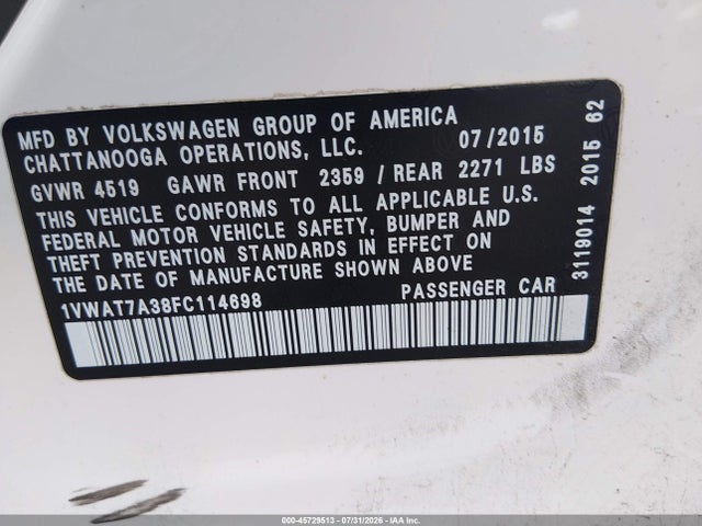 2015 Volkswagen Passat 1.8t Limited Edition მანქანა იყიდება აუქციონზე, vin: 1VWAT7A38FC114698, აუქციონის ნომერი: 45729513