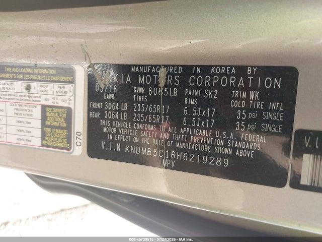 Продажа на аукционе авто 2017 Kia Sedona Lx, vin: KNDMB5C16H6219289, номер лота: 45729515