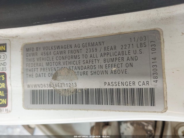 45729534 :رقم المزاد ، WVWND63B34E211213 vin ، 2004 Volkswagen Passat Gl مزاد بيع