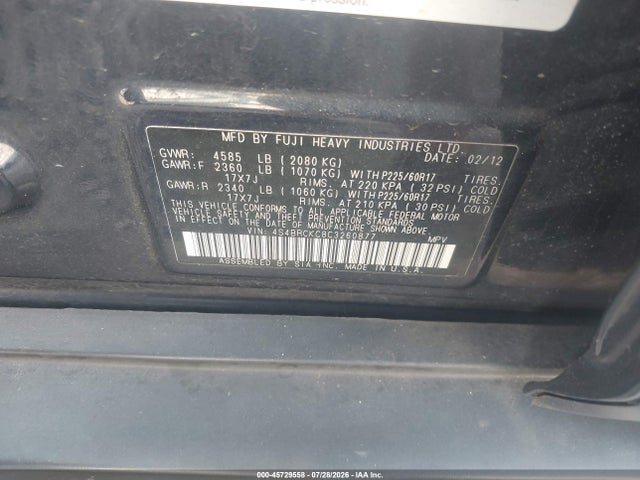 Продажа на аукционе авто 2012 Subaru Outback 2.5i Limited, vin: 4S4BRCKC8C3260877, номер лота: 45729558