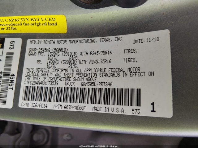 Продажа на аукционе авто 2019 Toyota Tacoma Sr5 V6, vin: 5TFCZ5AN4KX173539, номер лота: 45729559