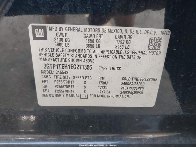 2014 Gmc Sierra 1500 მანქანა იყიდება აუქციონზე, vin: 3GTP1TEH1EG271356, აუქციონის ნომერი: 45729566