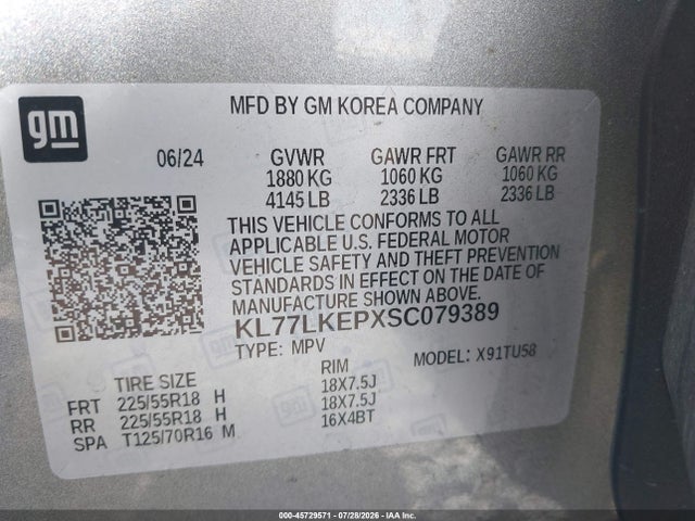 KL77LKEPXSC079389 Chevrolet Trax Fwd Activ